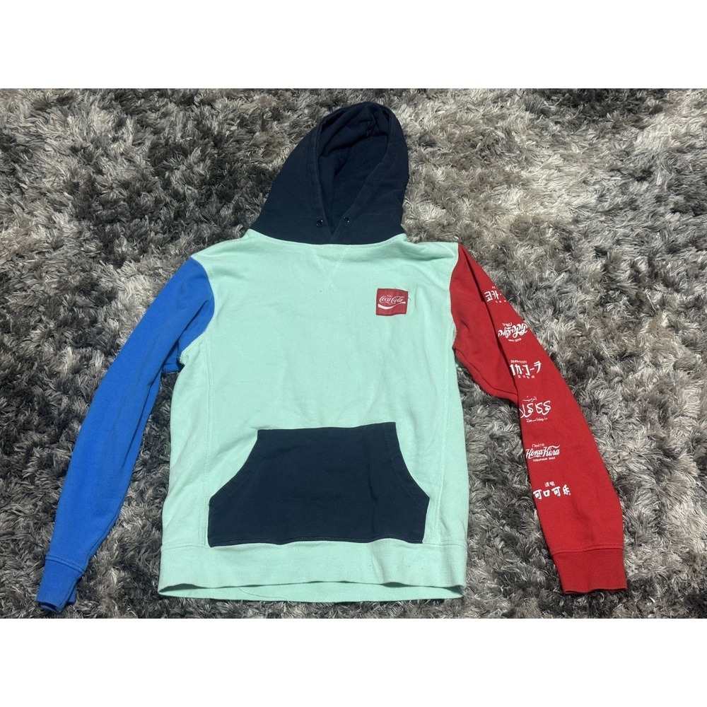 RARE 🚀 Coca-Cola Adult Multi-Color Block Retro 90s‎ Hoodie Spellout Size Medium